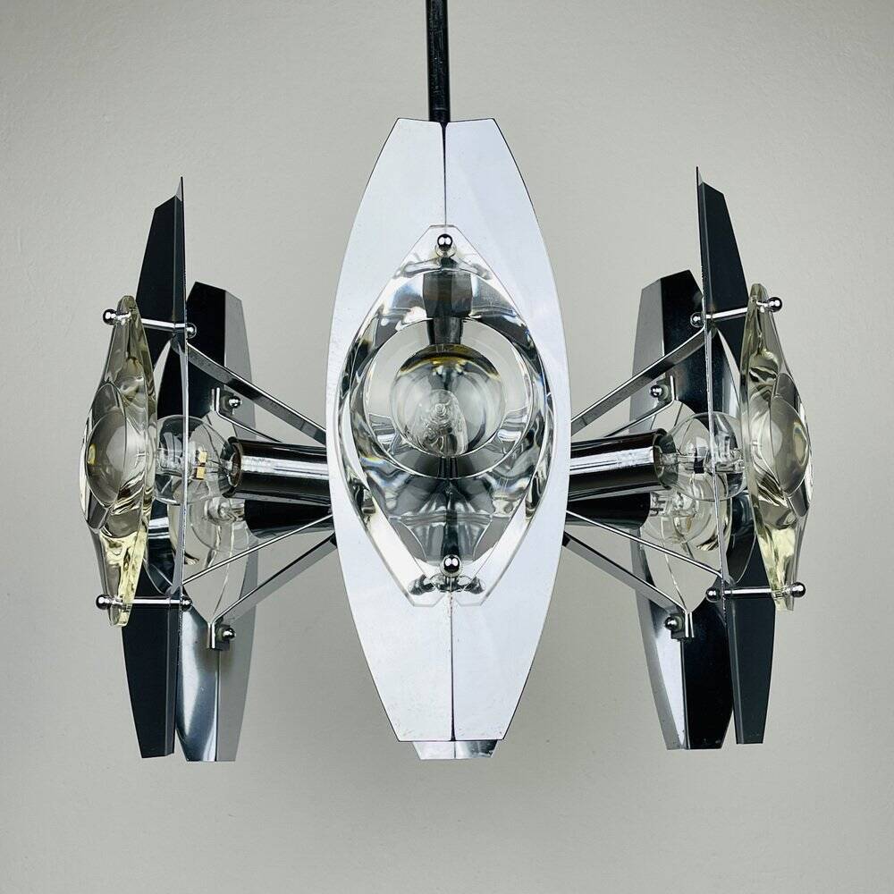 Chrome and glass lustre with lenses by Oscar Torlasco, Italy, 1960s.