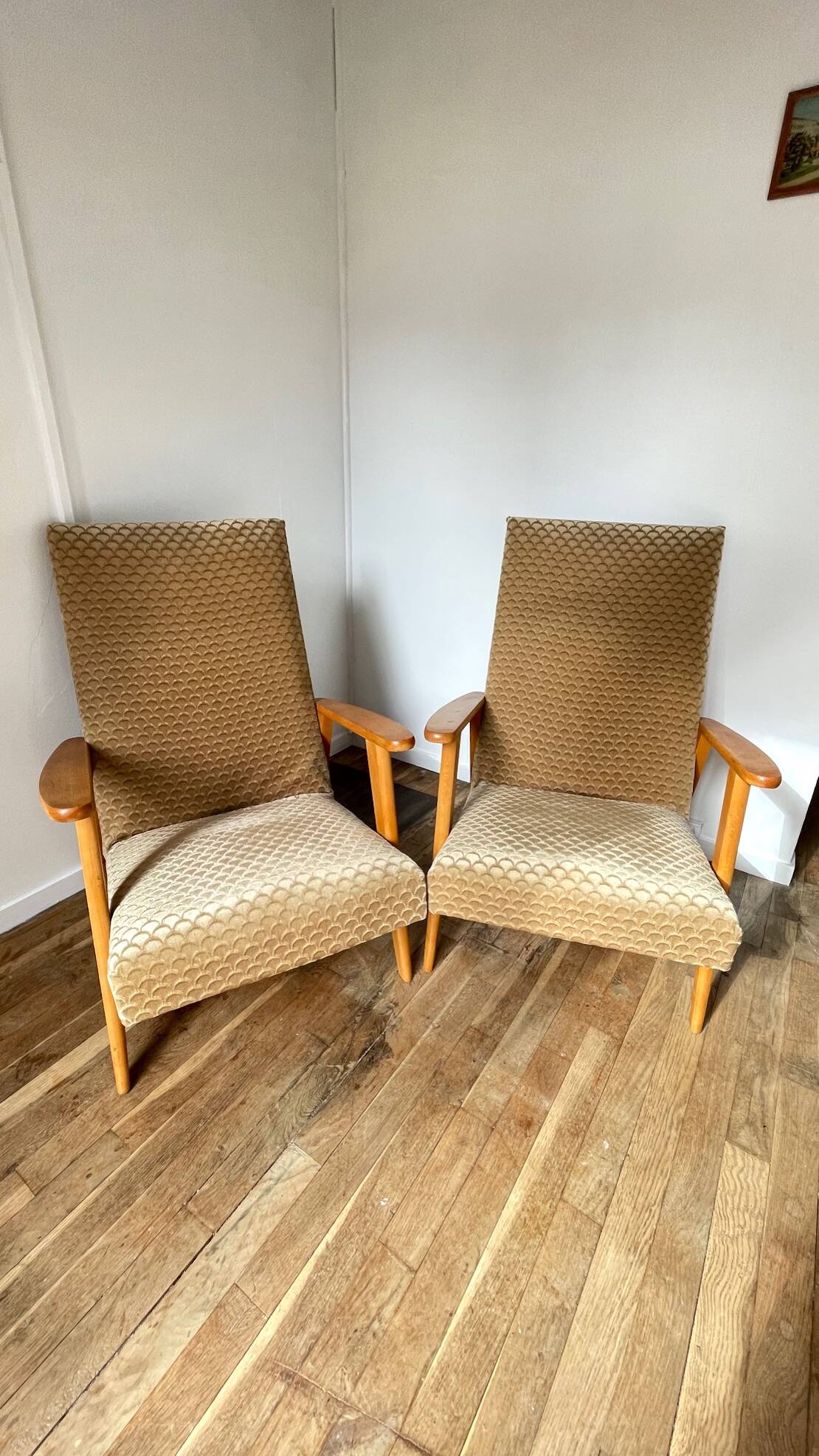 Pair of Manucere armchairs with vintage compass legs