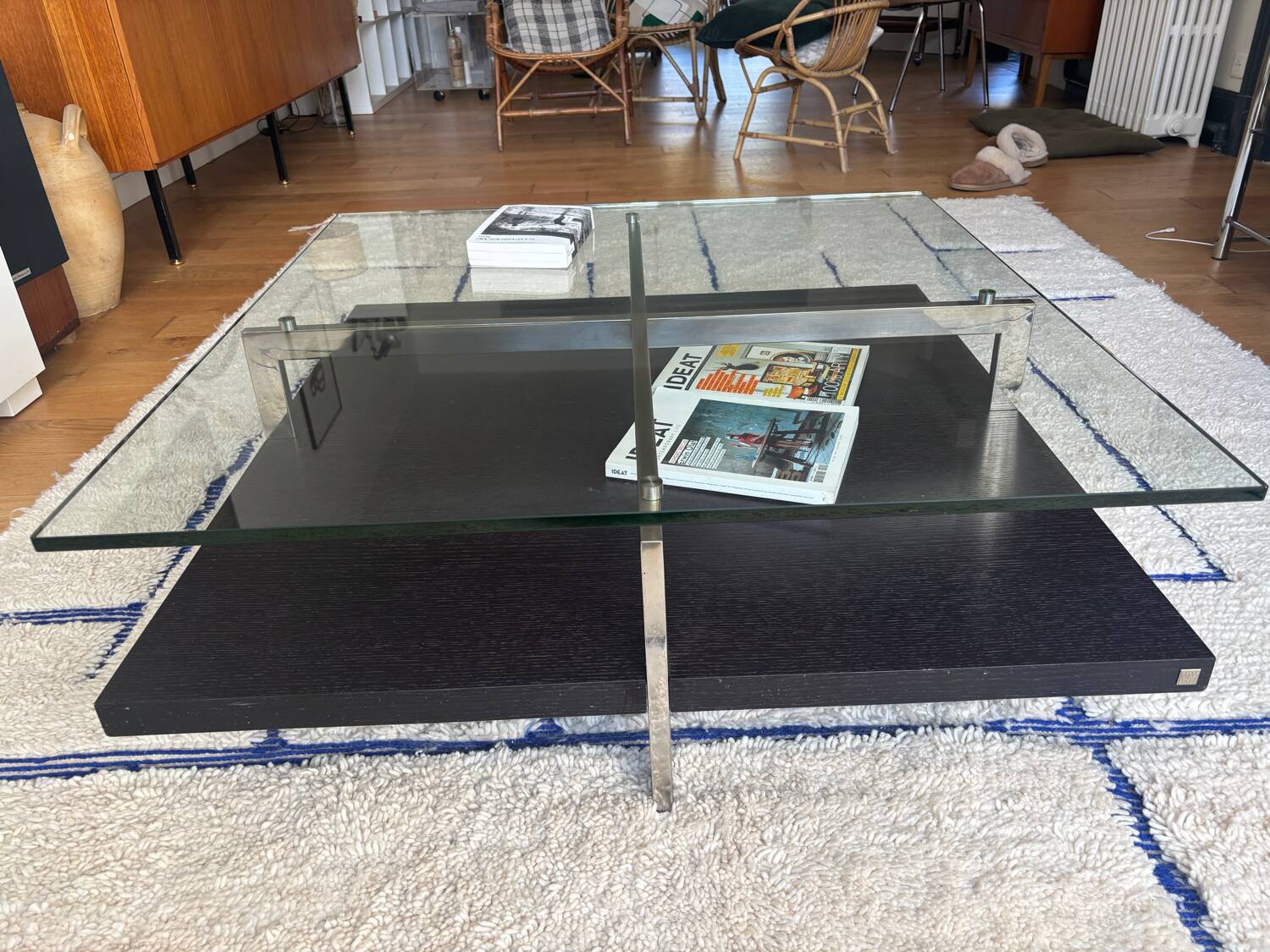 Glass and chrome metal coffee table