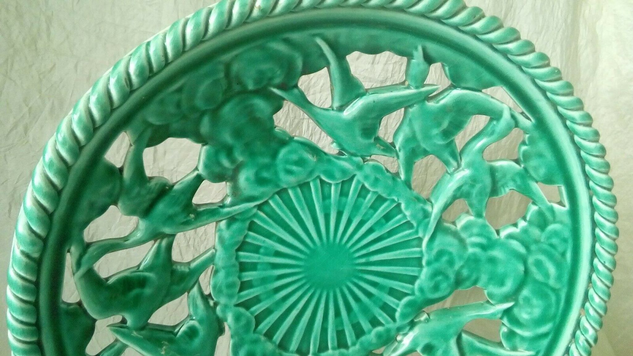 Twisted and pierced ceramic fruit bowl with a duck motif from the 1950s.