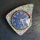 Vintage formica clock silent asymmetrical wall pendulum "Blue purple green flowers"