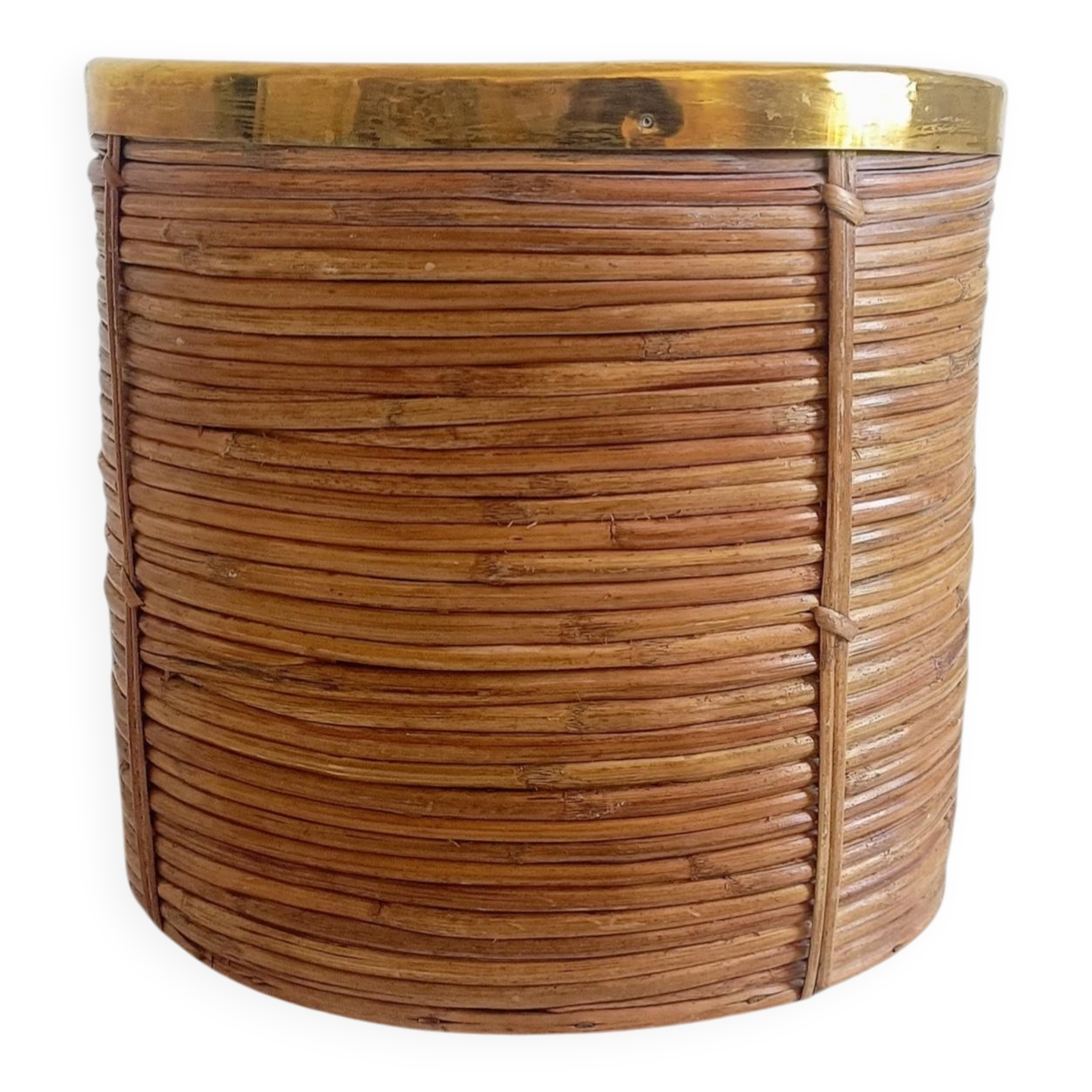 Mid-Century Organic Modern Large Pencil Reed / Rattan Planter with Brass Rim