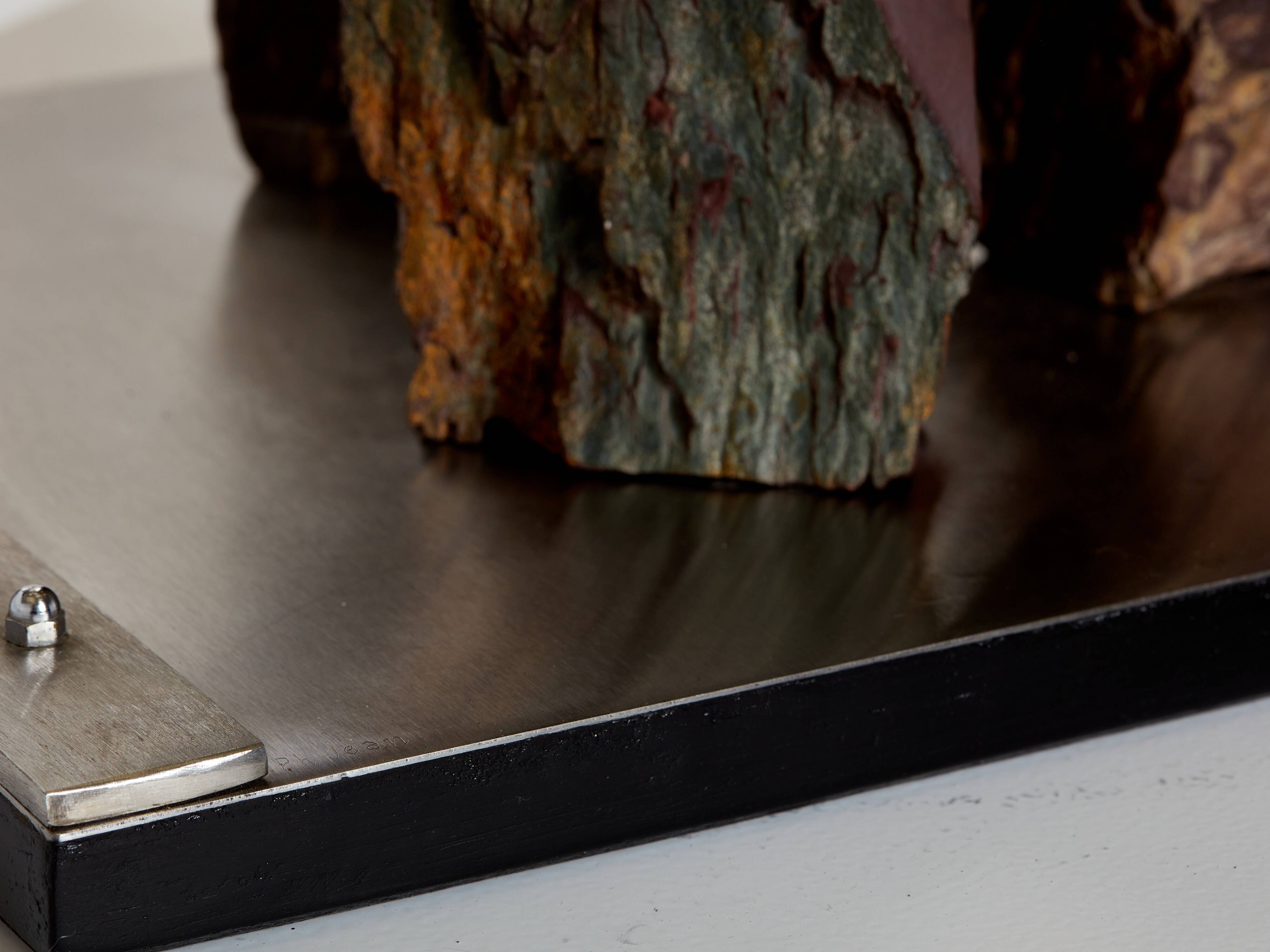 Brutalist lamp signed Philippe Jean steel and red schist 1970