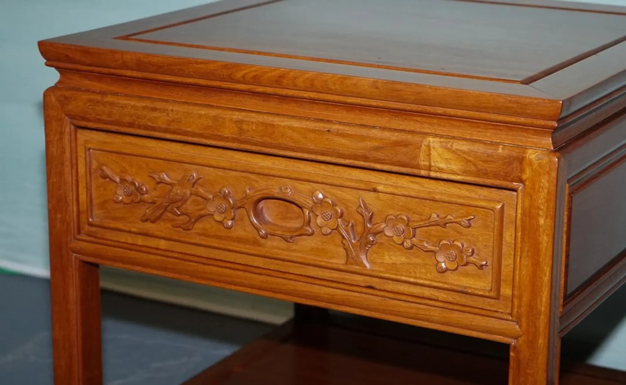 Vintage Oriental Teak Bedside Table with Drawer and Shelf, China