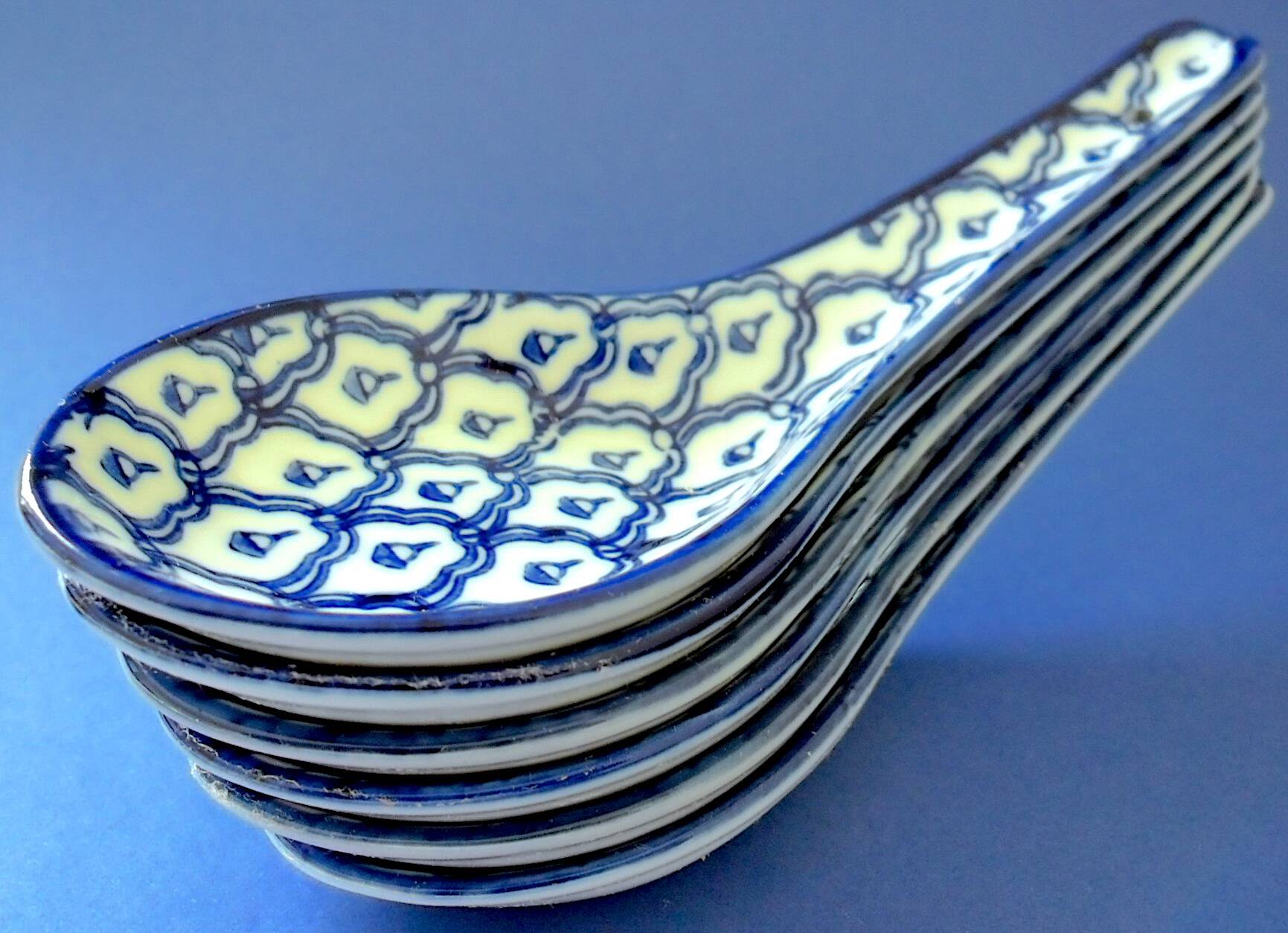 Set of six (6) soup spoons in white-blue porcelain from China