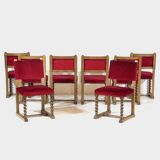 Set of eight oak barley twist dining chairs in red velvet, 19th century