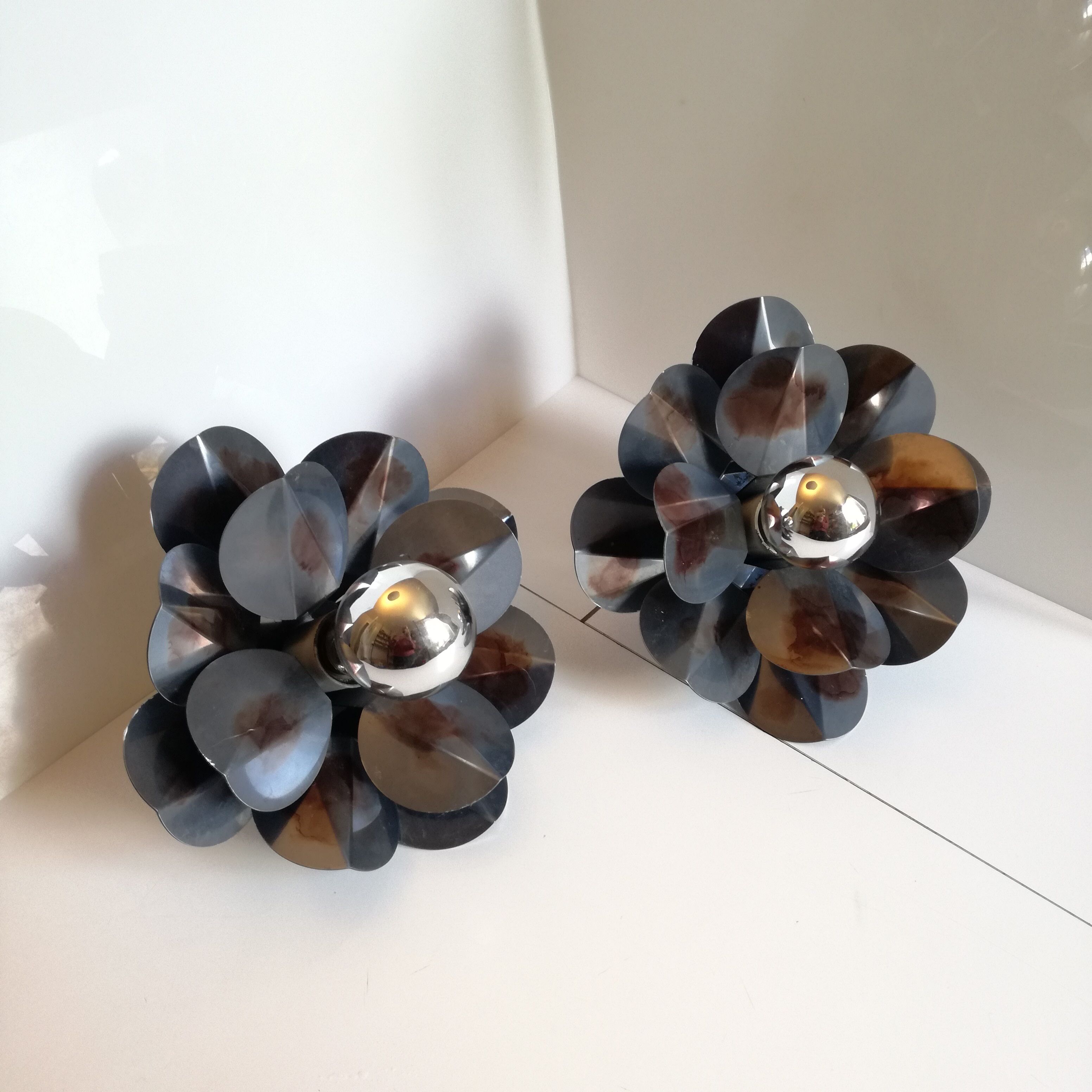 Stylized aluminum flower wall lamps from 1970