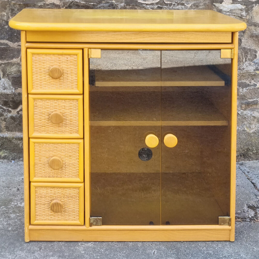 Furniture, HI FI, TV, vintage, Exodia, wood and rattan, 80s