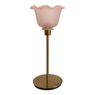 Table lamp with powder pink streaked glass globe