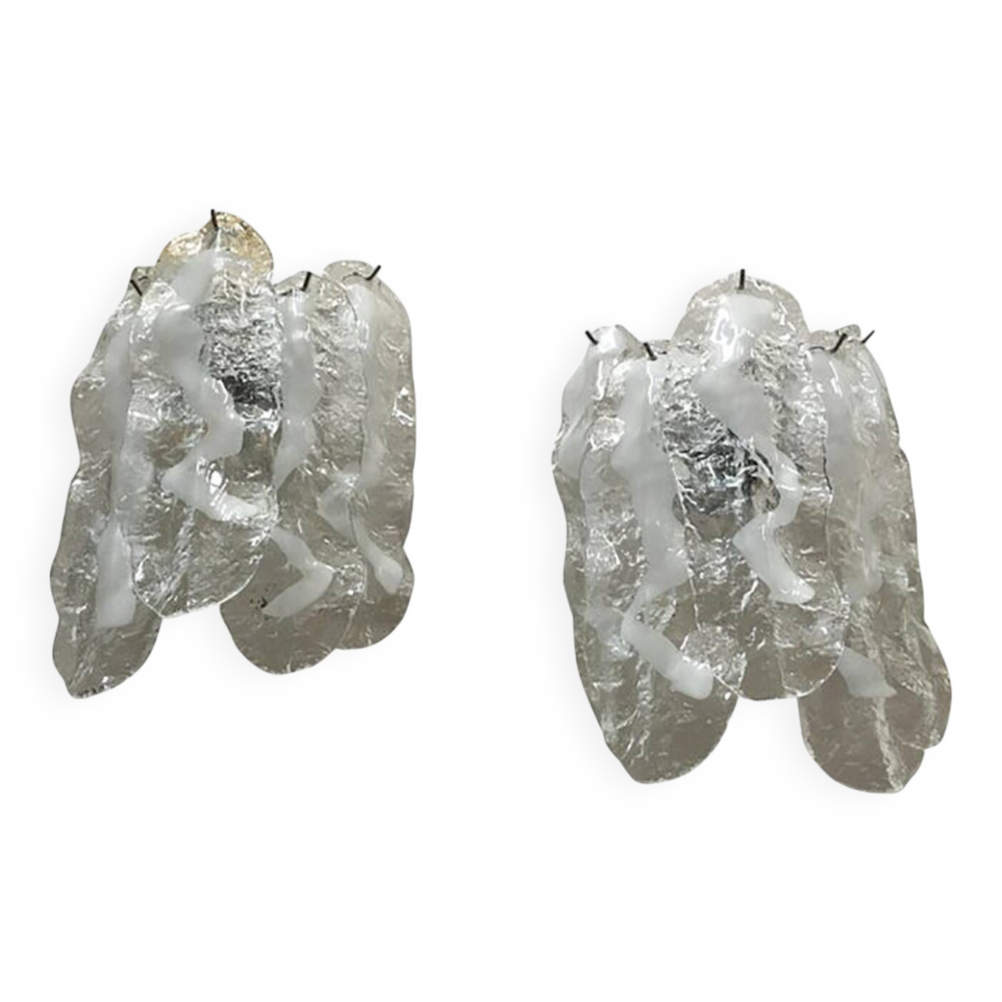 Lot of 2 Transparent and White “Fiamma” Murano Glass Wall Sconces