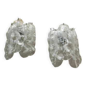 Lot of 2 Transparent and White “Fiamma” Murano Glass Wall Sconces
