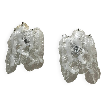 Lot of 2 Transparent and White “Fiamma” Murano Glass Wall Sconces