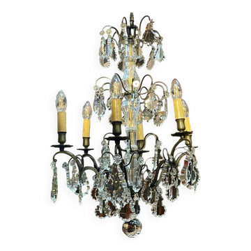 Bronze and cut crystal chandelier with 6 lights, early 20th century work.