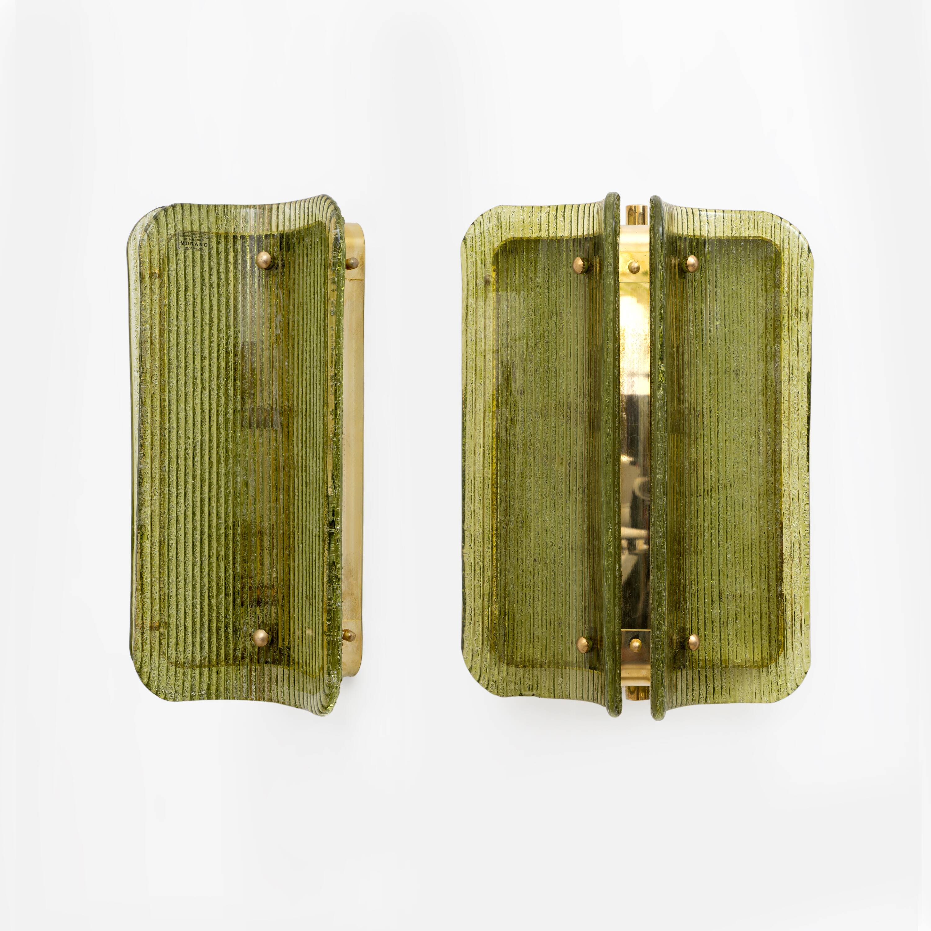 Pair of Curved, Ribbed Murano Glass and Brass Wall Sconces