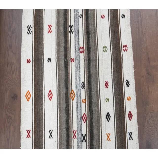 Vintage Turkish Hand-Knotted Wool Cotton White Kilim Runner Rug 65x140