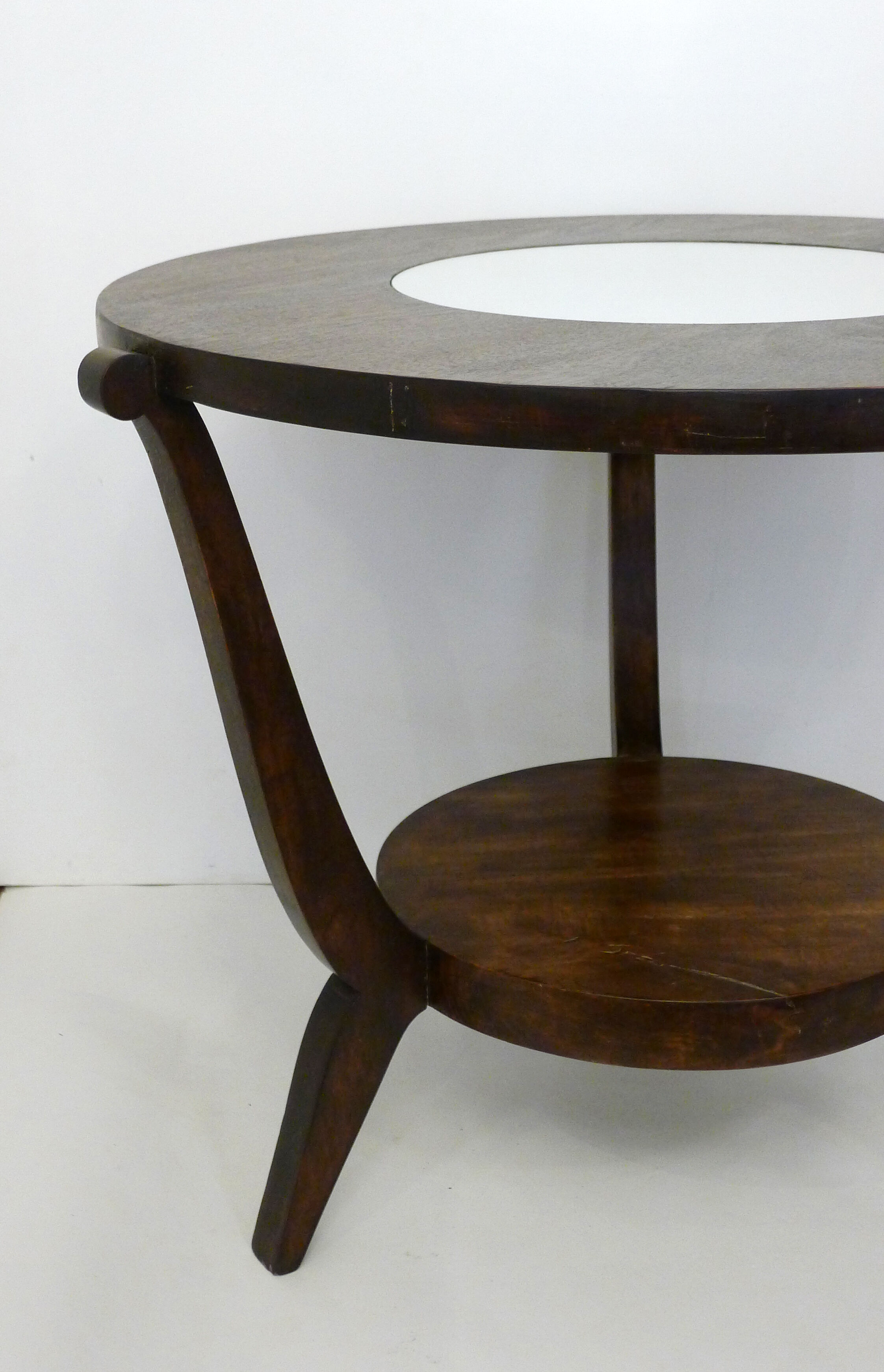 Table basse ronde Art Déco bois foncé & miroir