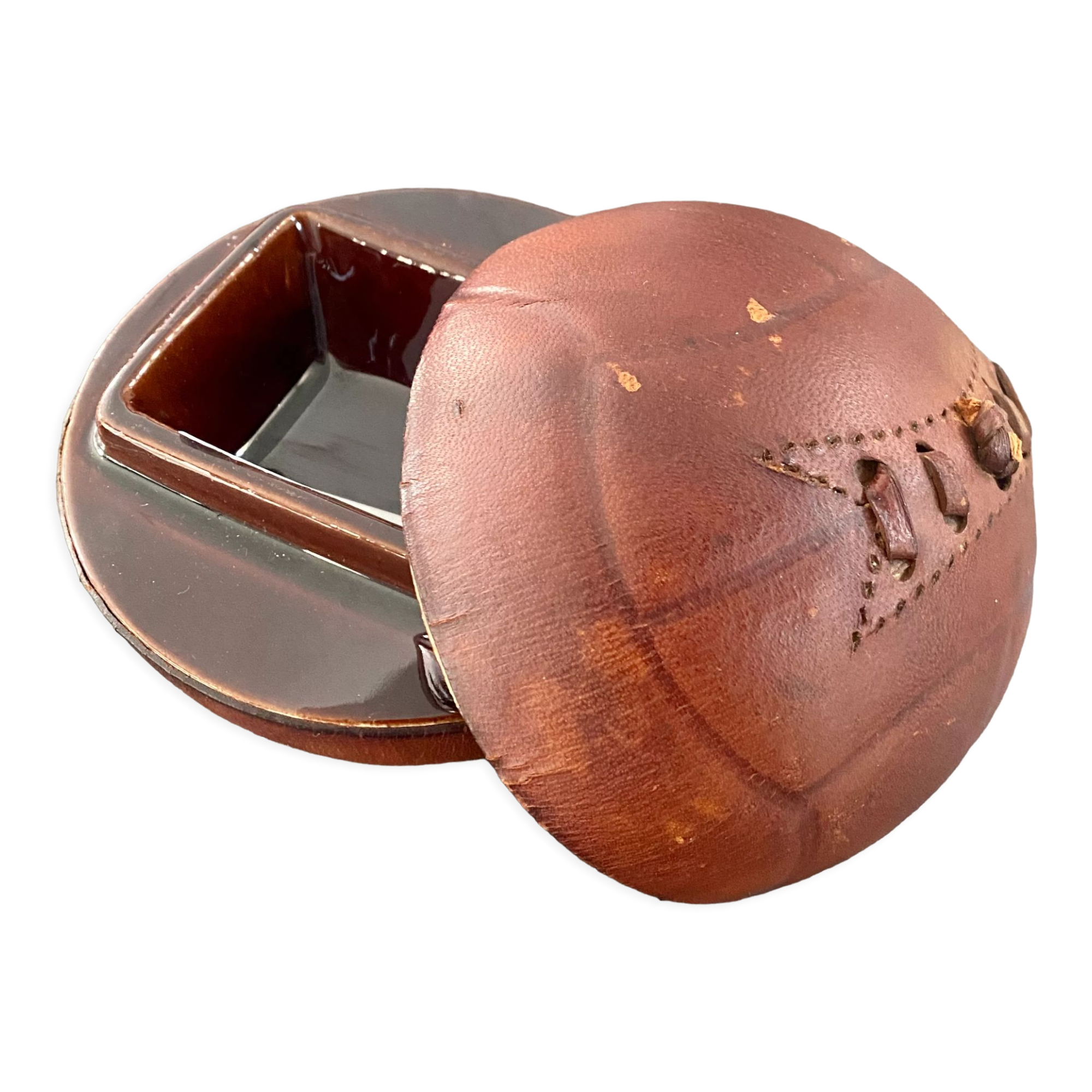 Cendrier longchamps en cuir et céramique, ballon vintage