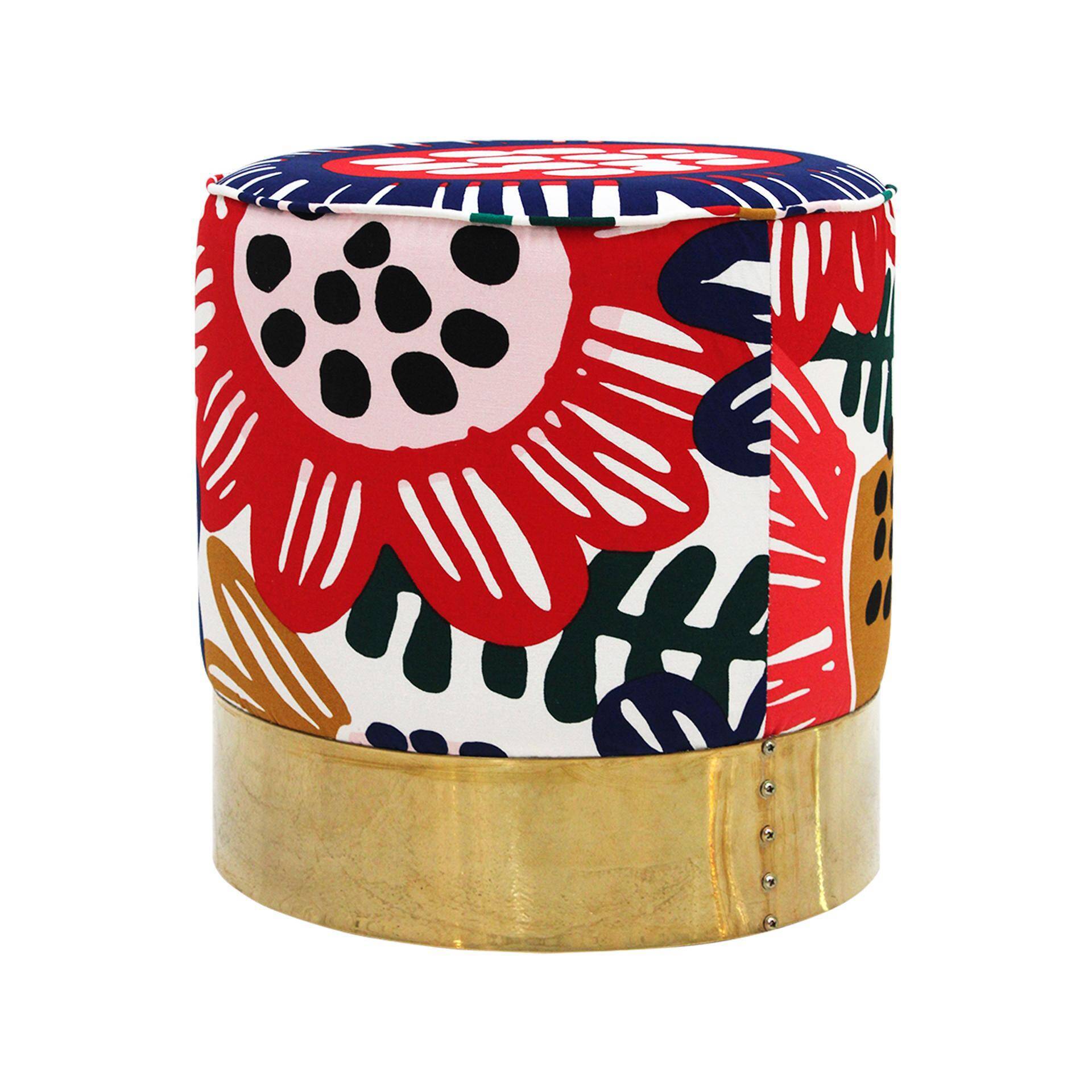 Contemporary Multicolour Floral-patterned Fabric Italian Pair of Circular Poufs