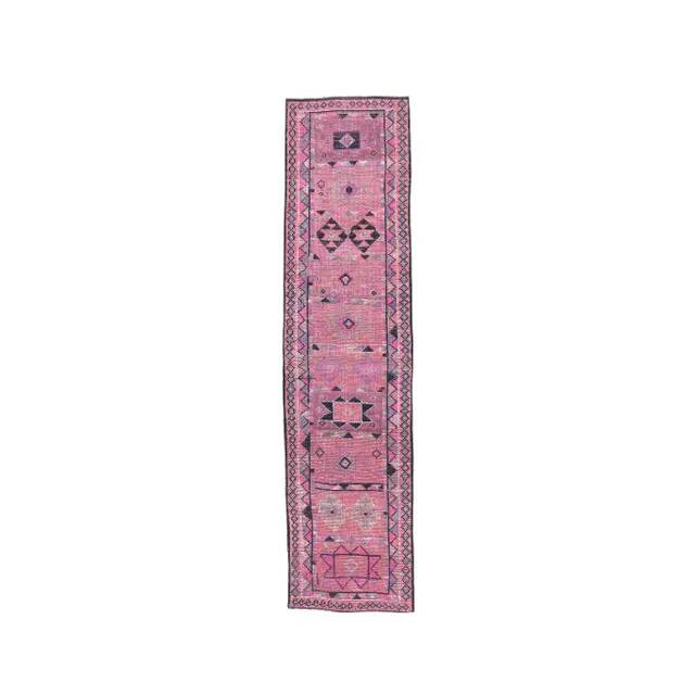 Vintage Pink Geometric Turkish Hand-Knotted Runner 80x337