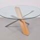 Table basse croisée postmoderne en bois, acier inoxydable et verre, Italie, années 1990.