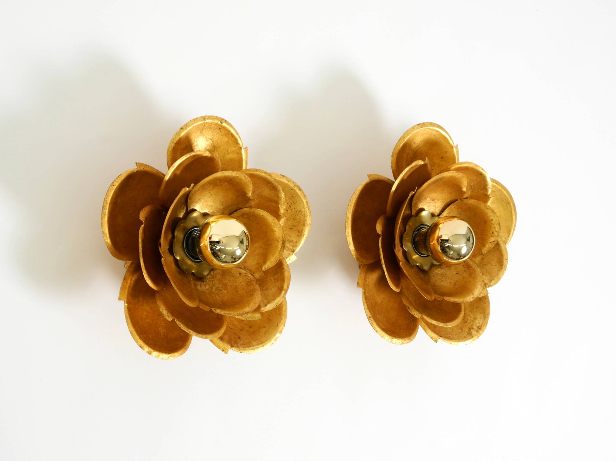 Two beautiful, large, gilt wall lamps, "Water Lily," Italy, 1960s