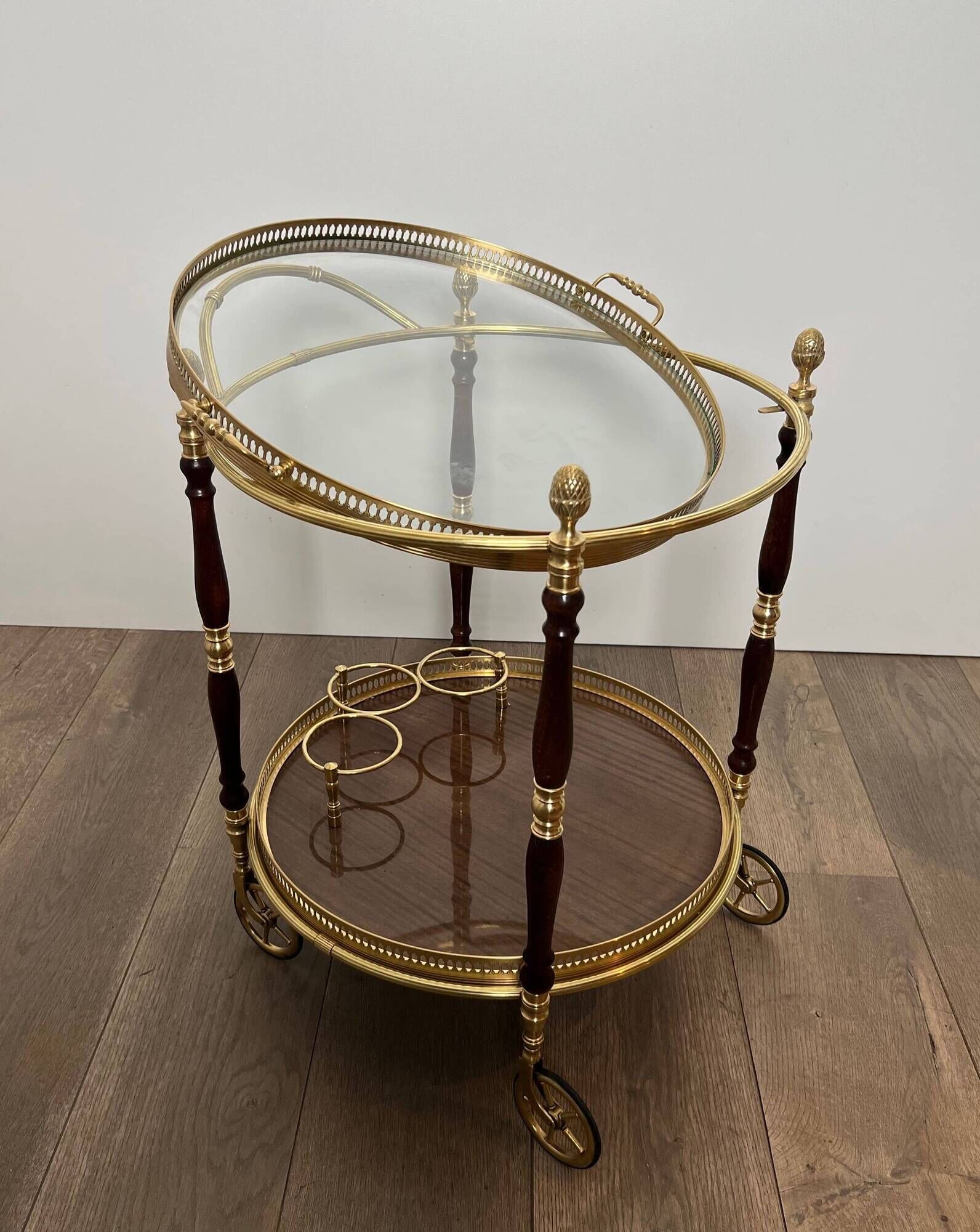 Oval Rolling Table in Brass and Mahogany with Openwork Gallery and Bottle Holder