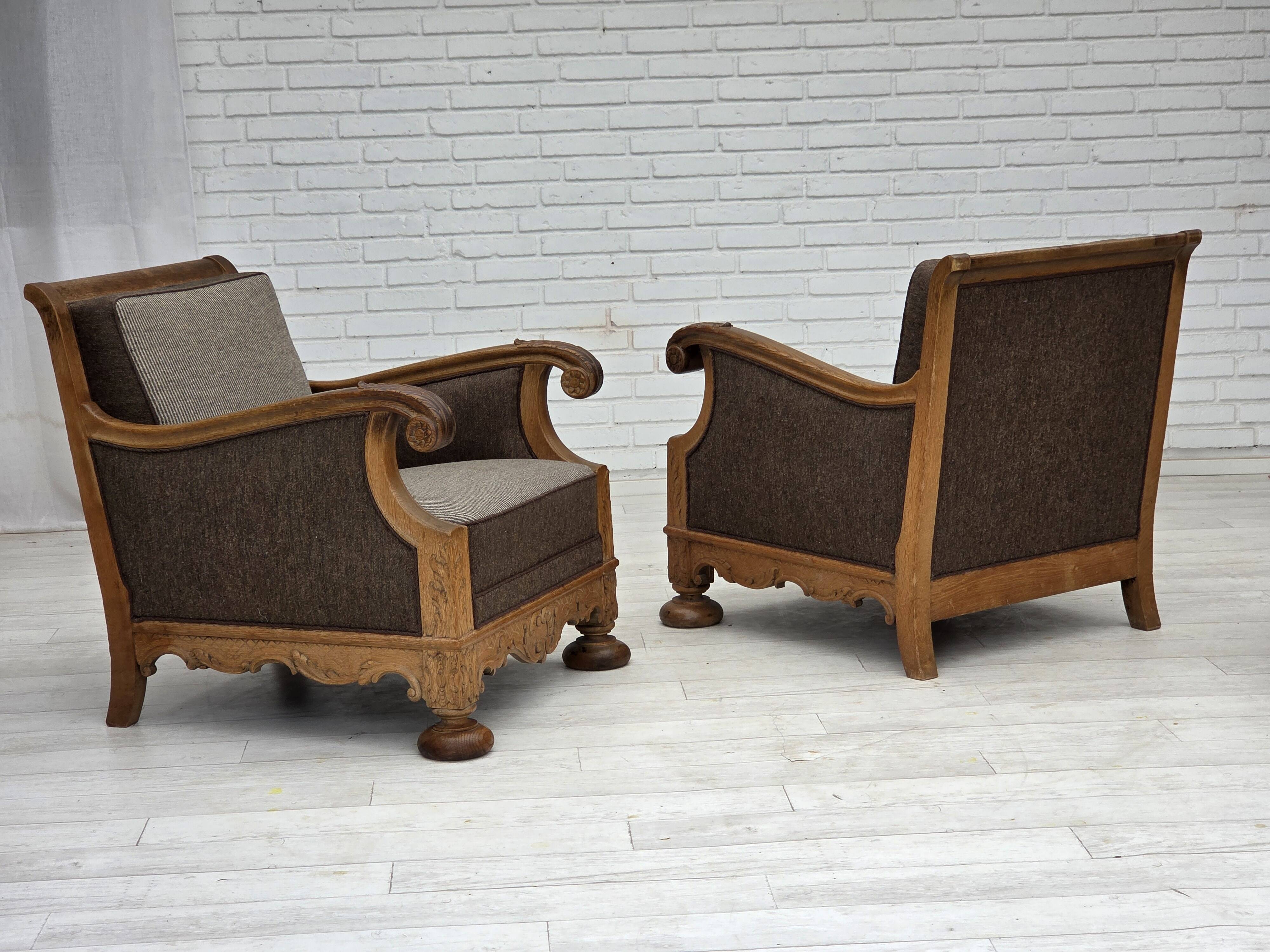 1950s, Danish armchair, furniture wool, solid carved oak wood.