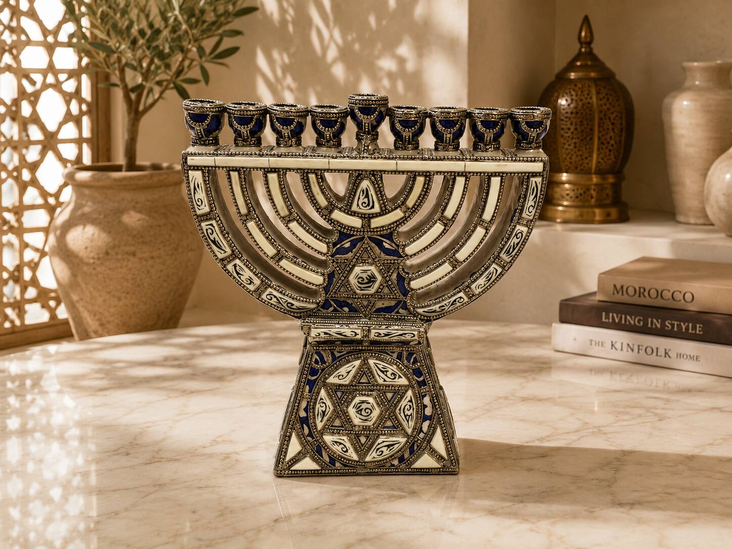 Handcrafted Moroccan Hanukkah menorah in glazed ceramic – Handmade – 30 × 30