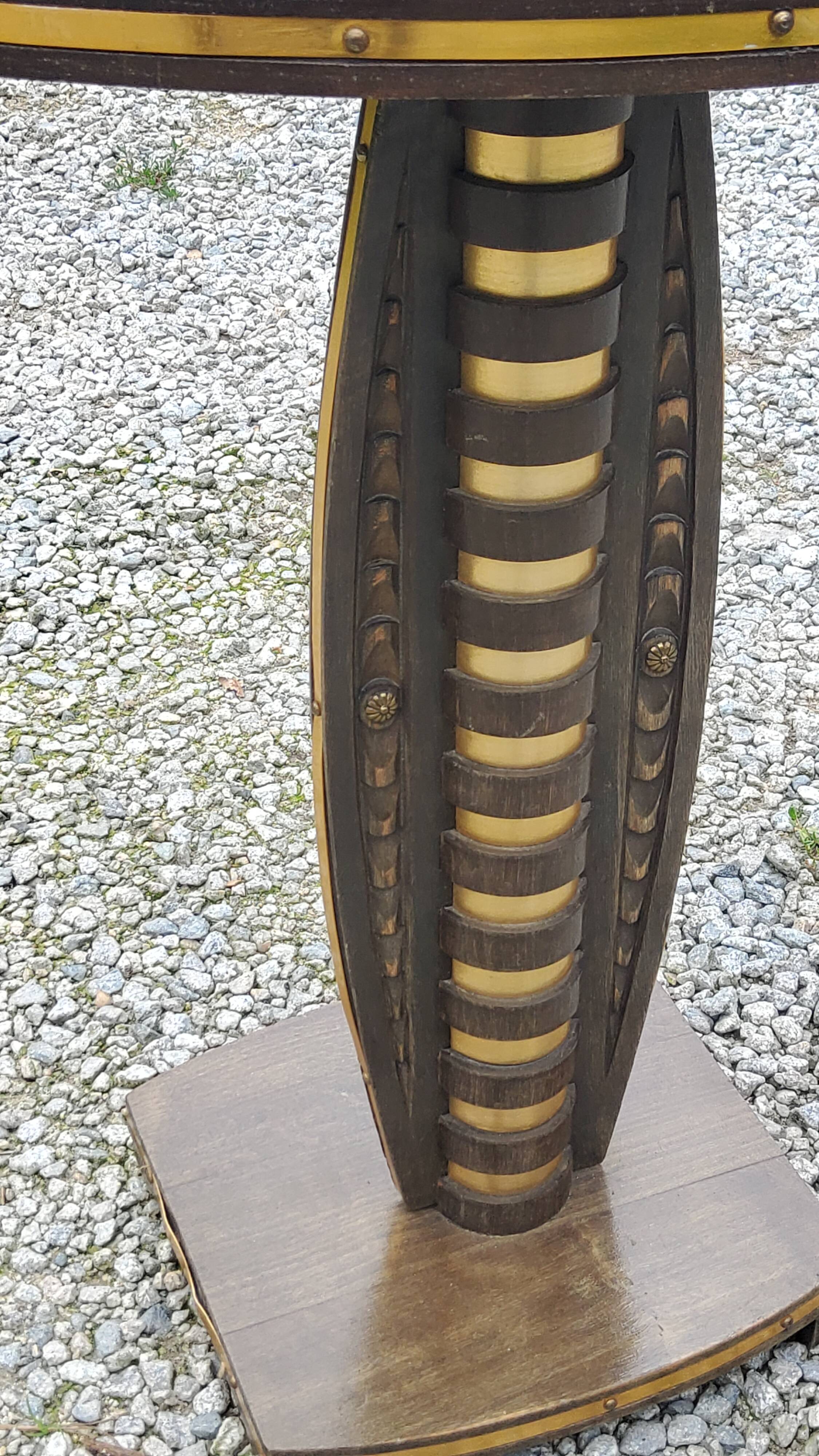 Art deco style pedestal table in beech and gold metal