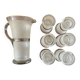Jug + 6 frosted glass tumblers with white and gold rim.