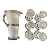 Jug + 6 frosted glass tumblers with white frosted finish and gold trim.