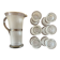 Jug + 6 frosted glass tumblers with white and gold rim.