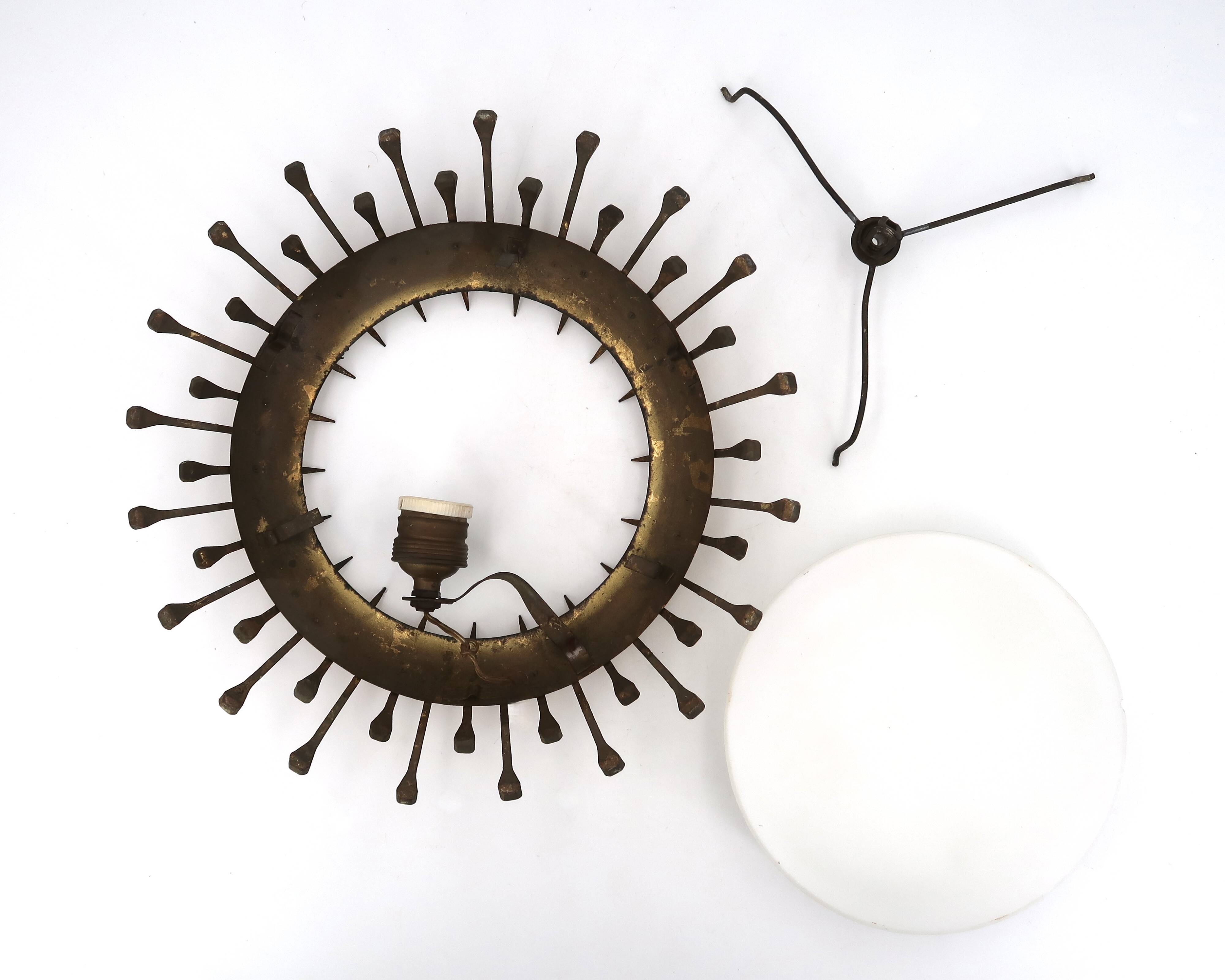Ceiling light with forged gold nails and opaque white glass, 1950s.