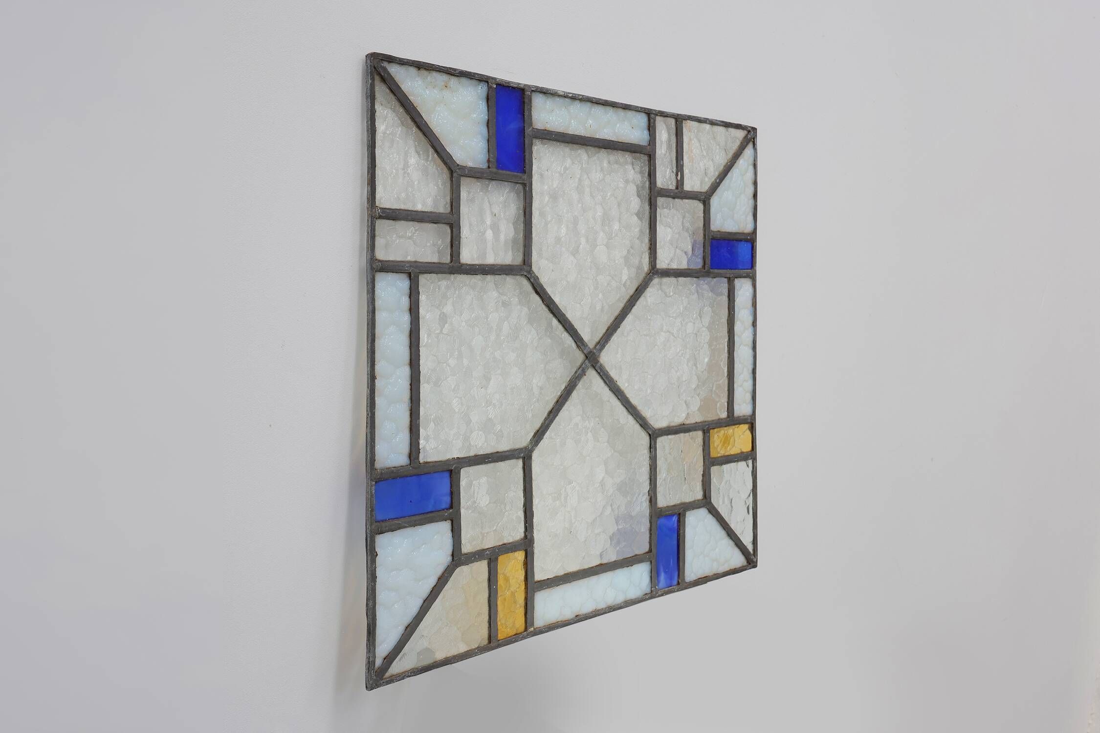 Art Deco Leaded Glass Panel with Geometric Cross Motif, Belgium, Circa 1920