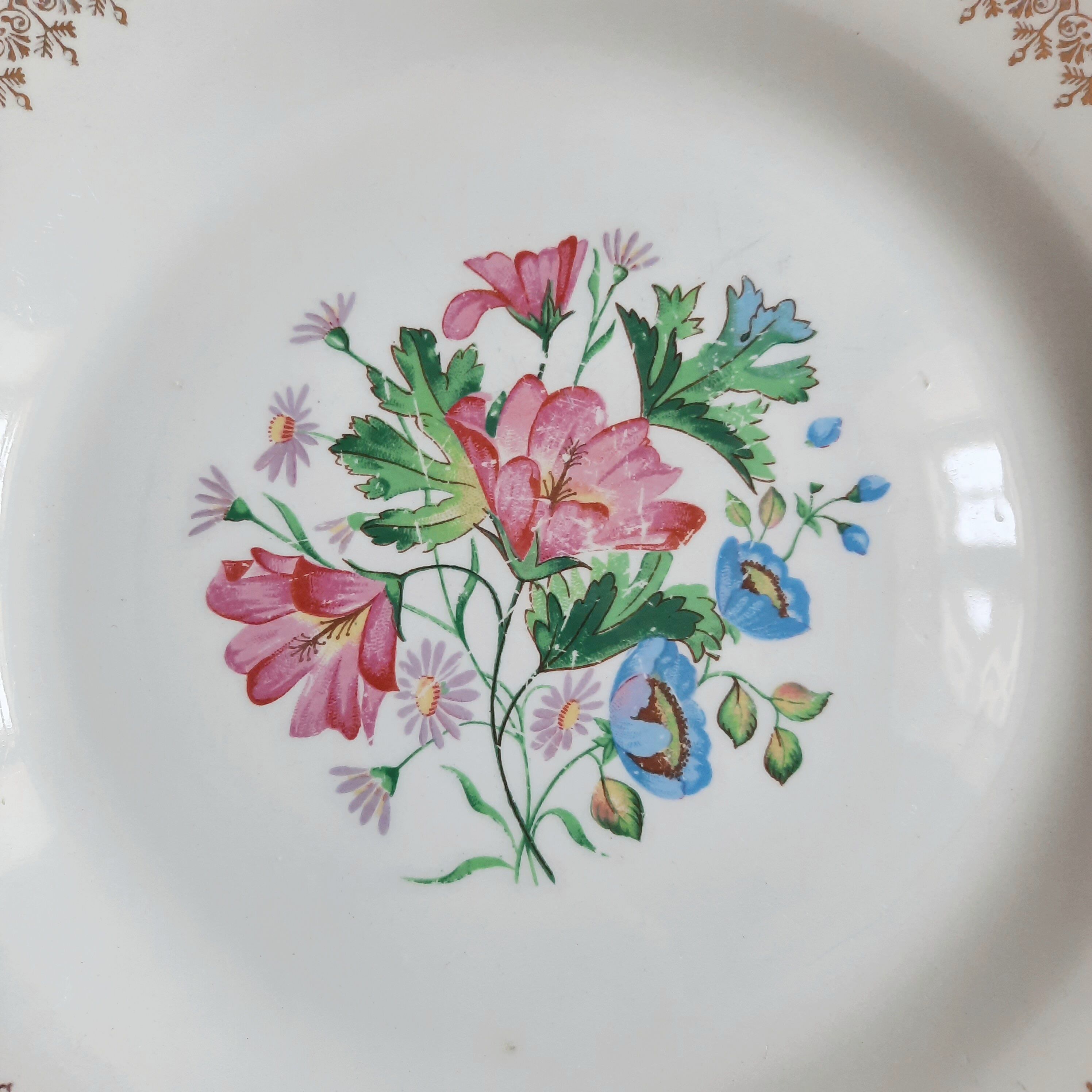 Flat antique earthenware plates with gilded edges