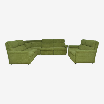 Canapé modulaire en velours côtelé vert des années 70, 7 pièces