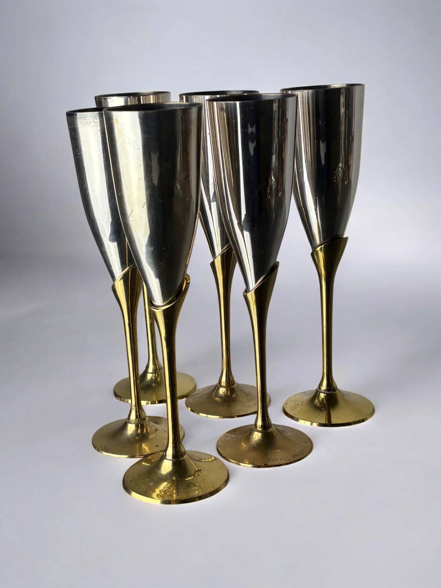 Brutalist champagne glasses in brass & silver plated, set of 6, Spain, 1970s