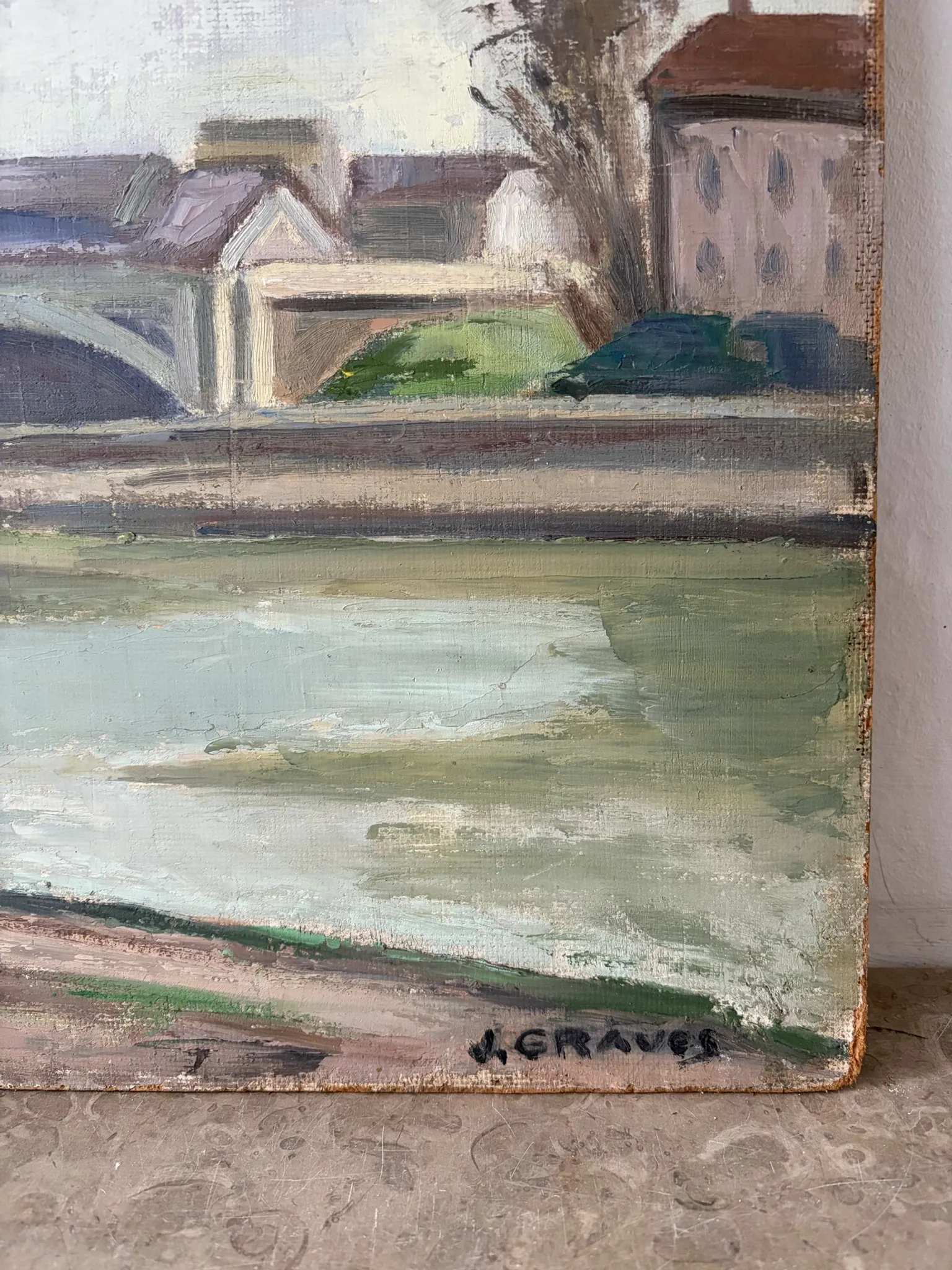 Bridge on the Seine, oil on panel signed A Graves