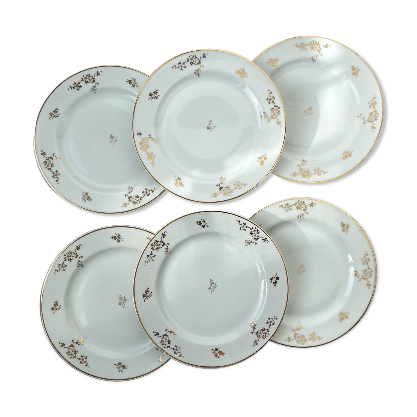 6 flat plates porcelain Limoges golden white