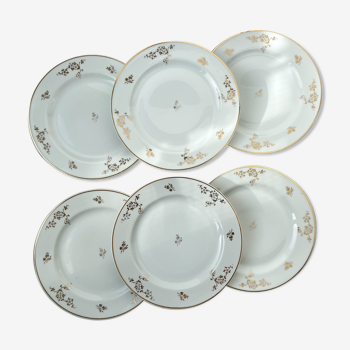 6 assiettes plates porcelaine Limoges blanche dorée