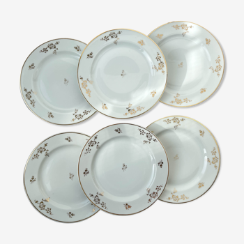 6 flat plates porcelain Limoges golden white