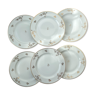 6 assiettes plates porcelaine Limoges blanche dorée