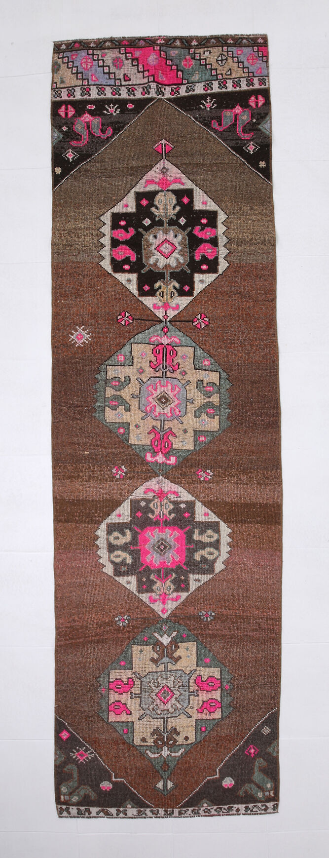 Geometric brown oushak runner rug, 97x326cm