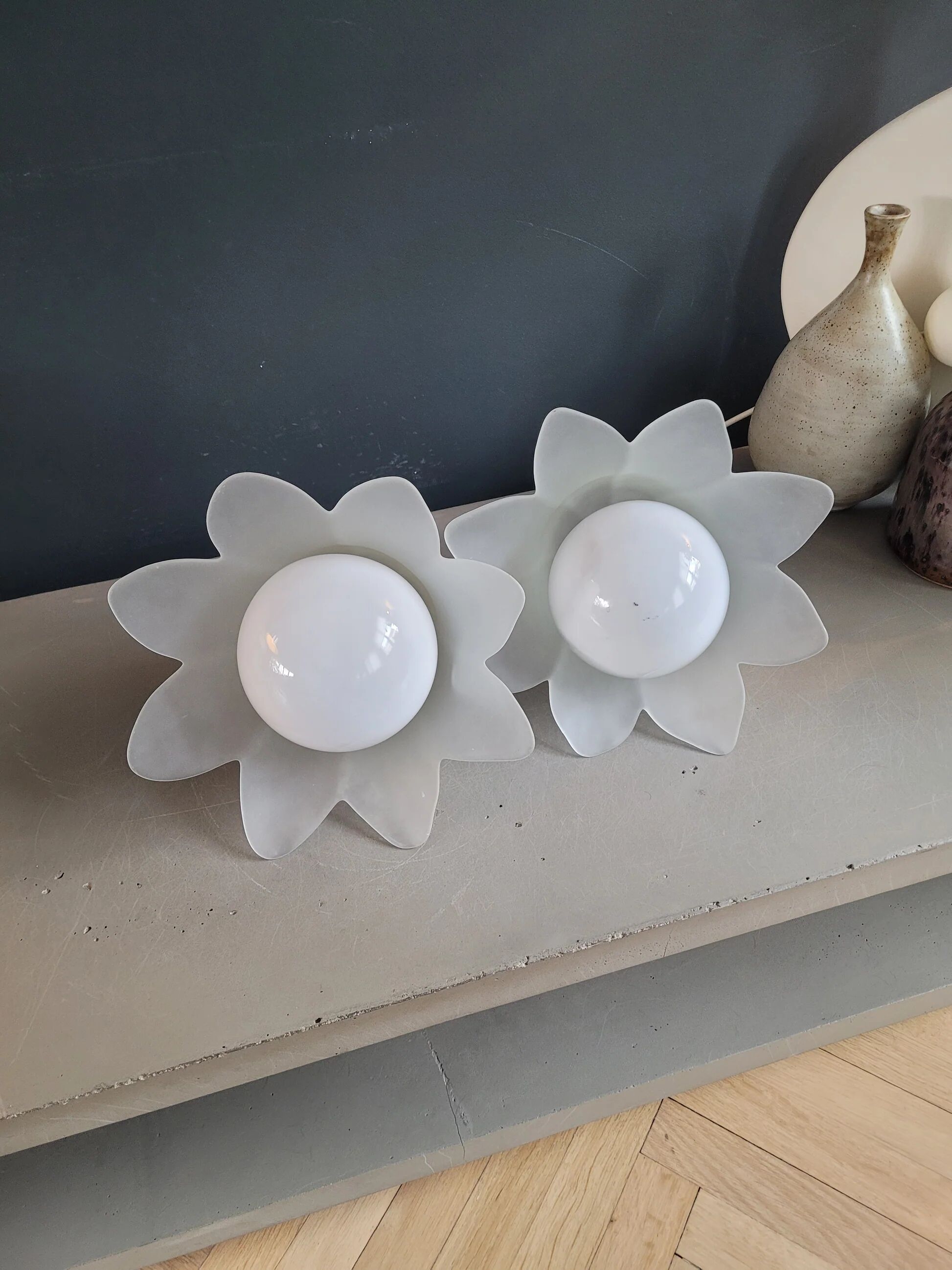 Pair of frosted glass flower pendant lights