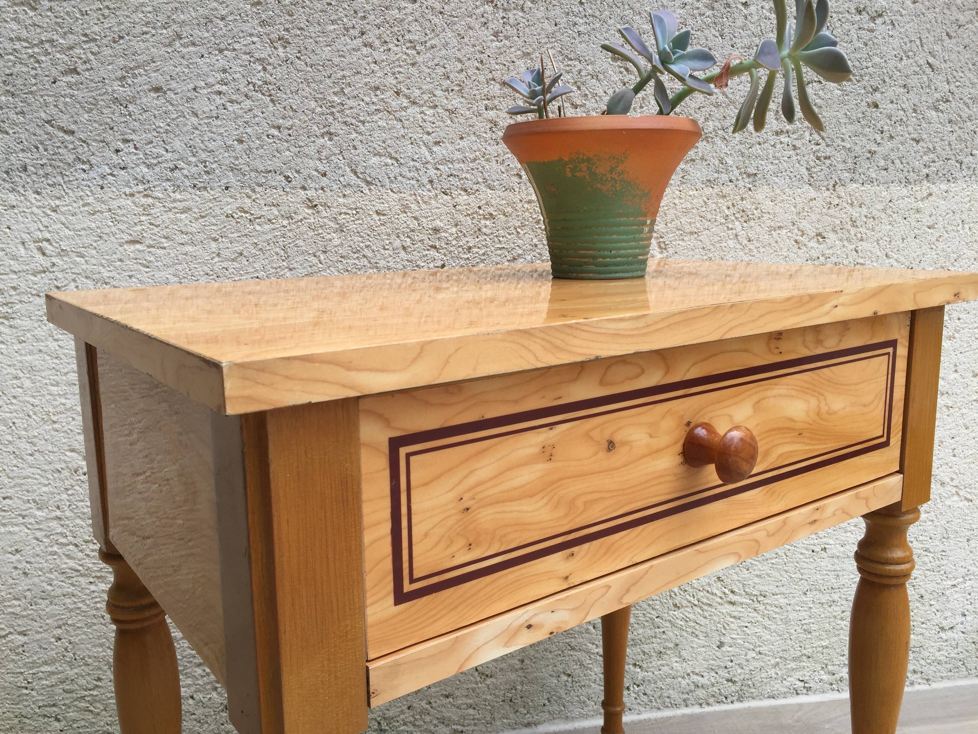 Formica and vintage wood bedside table
