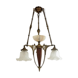 French art nouveau gilt bronze chandelier 3 lights alabaster central bowl