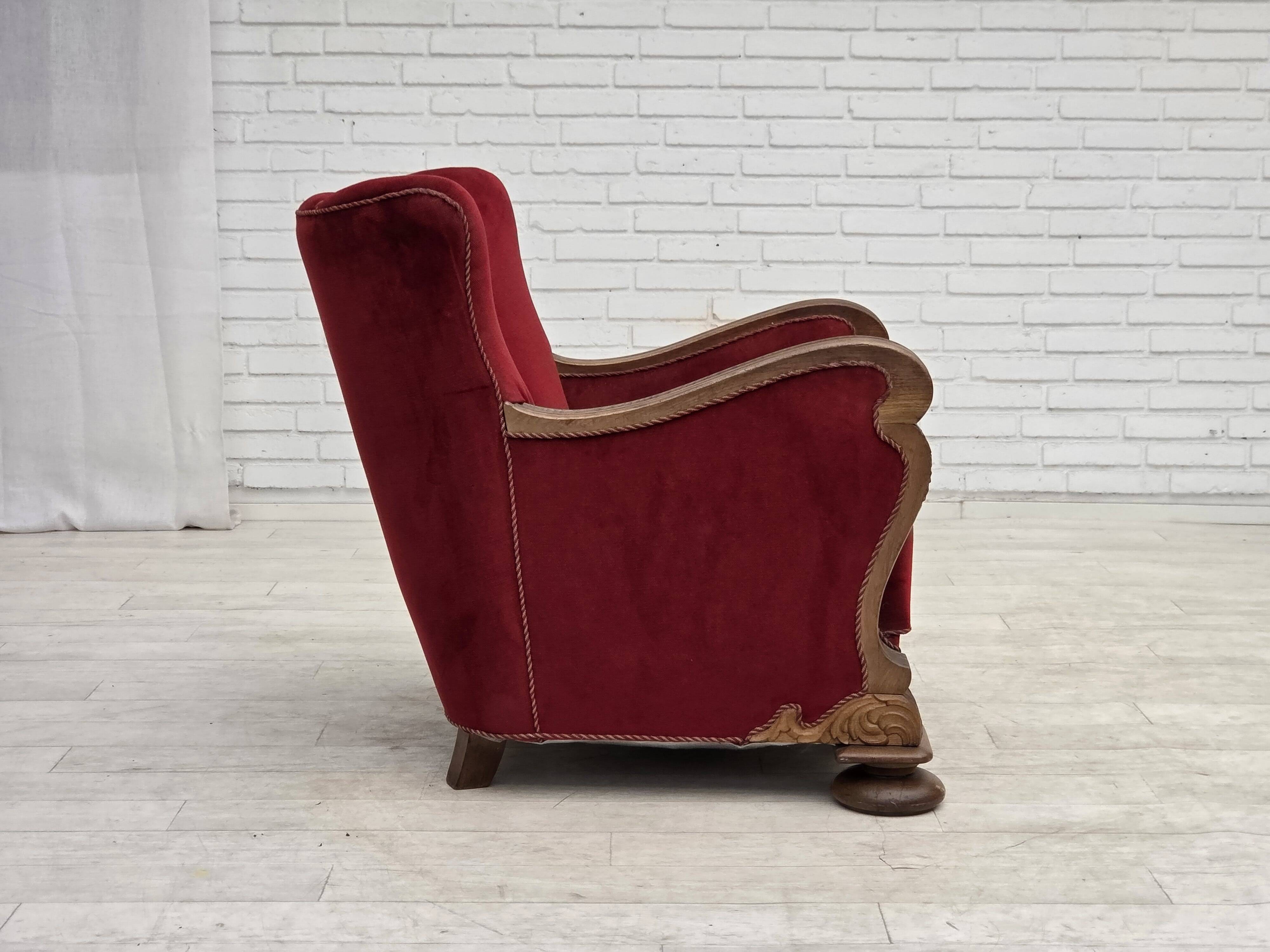 1950s, Danish relax armchair, furniture velour, carved oak wood.