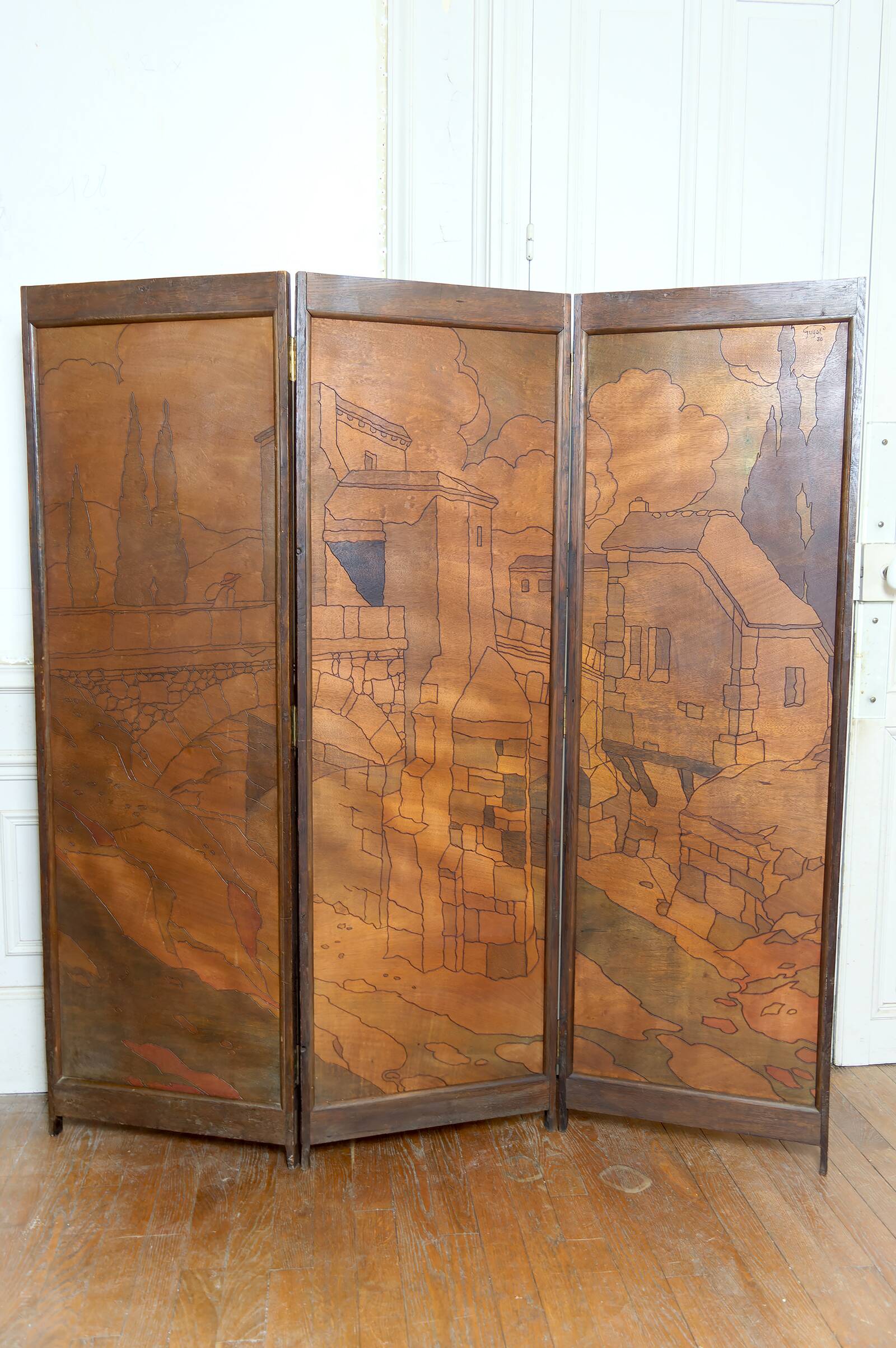 Pyrographed Screen, Mediterranean Medieval Town, Art Nouveau/Deco, 1930