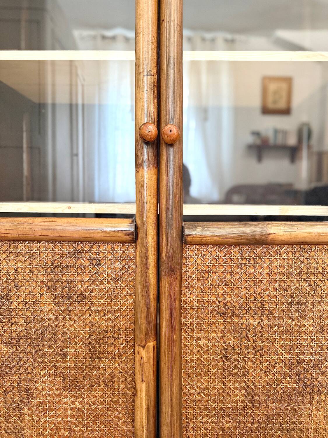 Glass cabinet in bamboo and cane