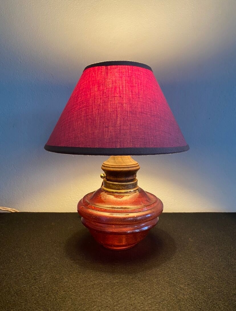 Glass lamp, wood, lampshade, fabric cable 2 m